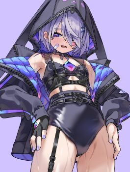 1girl bandaid bandaid_on_cheek bandaid_on_face black_buruma black_gloves black_jacket black_shirt buruma chest_jewel choker commentary cropped_shirt fingerless_gloves flat_chest frilled_choker frills gem gloves gluteal_fold gurumie hair_ornament hair_over_one_eye hairclip hand_jewel hands_on_own_hips highres hololive hololive_english hood hood_up hooded_jacket jacket jewel_under_eye koseki_bijou koseki_bijou_(casual) midriff nail_polish no_pants official_alternate_costume official_alternate_hair_length official_alternate_hairstyle open_mouth purple_background purple_eyes purple_gemstone purple_hair purple_jacket purple_nails quilted_jacket shirt short_hair simple_background single_glove sleeveless sleeveless_shirt sleeves_past_wrists solo swept_bangs virtual_youtuber wavy_mouth wet