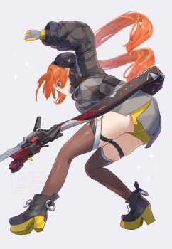 1girl 1other ammunition arm_up black_horns black_shoes breasts brown_thighhighs curled_horns dragon_girl dragon_horns dress from_side gloves green_hair grey_background gun highres horns knife leaning_forward long_hair looking_ahead magus_(zenless_zone_zero) mechanical_horns mechanical_tail medium_breasts multicolored_shoes open_mouth orange_hair orphie_magnusson panties pointy_ears shoes sparkle suwa_(swk_kkk) tail thighhighs twintails underwear weapon yellow_gloves yellow_panties zenless_zone_zero zipper zipper_dress