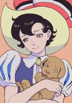 1girl animal averting_eyes black_eyes black_hair blue_shirt brooch closed_mouth collared_shirt colored_sclera commentary dog hat holding holding_animal holding_dog jewelry nucca_dzuke orange_background orange_eyes princess_sapphire puff_and_slash_sleeves puffy_short_sleeves puffy_sleeves ribbon_no_kishi shirt short_hair short_sleeves simple_background yellow_sclera