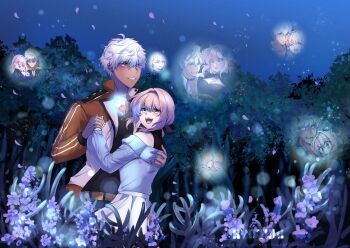 1boy 1girl absurdres blue_shirt brown_jacket commentary dark-skinned_male dark_skin double-parted_bangs english_commentary fingernails flower green_eyes hair_between_eyes hair_intakes hetero highres holding_hands jacket jewelry long_sleeves mammon_(obey_me!) mc_(obey_me!) multiple_rings nail_polish night obey_me!:_one_master_to_rule_them_all! open_clothes open_jacket open_mouth outdoors purple_flower ring ryuuxin shirt short_hair smile white_hair white_nails