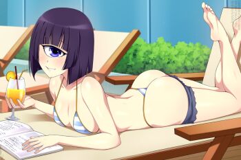1girl artist_name ass barefoot bikini bikini_under_clothes blue_bikini blunt_bangs blush book breasts chair cleavage cup cyclops drinking_glass drinking_straw food fruit holding holding_cup large_breasts lindaroze lounge_chair lying manako monster_musume_no_iru_nichijou on_stomach one-eyed orange_(fruit) orange_slice purple_eyes purple_hair short_hair shorts small_breasts smile soles solo striped_bikini striped_clothes swimsuit the_pose thong_bikini whale_tail_(clothing) white_bikini