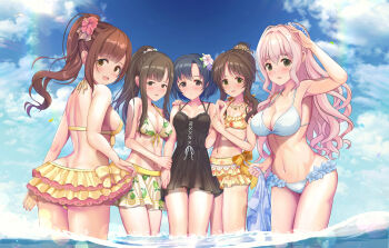 5girls bare_shoulders bikini bikini_skirt black_hair black_one-piece_swimsuit blue_hair blush breasts brown_eyes brown_hair cleavage closed_mouth cloud cloudy_sky collarbone commentary_request day floral_print flower glyn070605a green_bikini green_eyes hair_flower hair_ornament highres idolmaster idolmaster_cinderella_girls igarashi_kyoko large_breasts long_hair looking_at_viewer medium_breasts mizumoto_yukari multiple_girls navel one-piece_swimsuit open_mouth outdoors pink_hair ponytail reaching reaching_towards_viewer saionji_kotoka shiragiku_hotaru short_hair side-tie_bikini_bottom side_ponytail sky small_breasts smile stomach swimsuit takamori_aiko white_bikini yellow_bikini