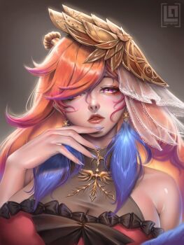 1girl dress earrings feather_earrings feathers hair_over_one_eye highres hololive hololive_english jewelry lazyartist_(lazyartistph) long_hair looking_at_viewer mask masquerade_mask official_alternate_costume orange_hair purple_eyes red_dress see-through_cleavage see-through_clothes solo takanashi_kiara takanashi_kiara_(party_dress) virtual_youtuber