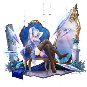 1girl absurdres alternate_costume arms_behind_head ass blue_dress blue_eyes blue_hair brown_thighhighs chair crossed_legs dreiworks dress high_ponytail highres league_of_legends long_hair looking_at_viewer ponytail seraphine_(league_of_legends) sitting solo thighhighs variant_set