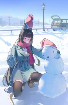 1girl alternate_costume animal_ear_fluff animal_ears black_hair black_thighhighs blue_sky blurry blurry_background blush car coat commentary daebag52516 fox_ears fox_girl full_body gloves green_coat hat hoshimi_miyabi lamppost long_hair looking_at_viewer motor_vehicle on_one_knee parted_lips red_eyes red_scarf santa_hat scarf shadow shoes sky snow snowman solo squatting sweater symbol-only_commentary thighhighs thumbs_up white_gloves white_sweater winter winter_clothes yellow_shoes zenless_zone_zero