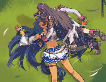 Rule 34 | 2girls, animal ears, asymmetrical legwear, bandeau, black hair, black socks, black thighhighs, blue bandeau, blue hair, blue skirt, blush, breasts, brown hair, choker, closed eyes, dark-skinned female, dark skin, fang, fingerless gloves, gloves, grass, hair between eyes, hair ornament, hairclip, highres, hishi amazon (azure amazon) (umamusume), hishi amazon (umamusume), horse ears, horse girl, horse tail, hwipa (param blue), jacket, long hair, long sleeves, lying, midriff, multiple girls, narita brian (maverick) (umamusume), narita brian (umamusume), navel, on back, open mouth, outdoors, pink gloves, plaid clothes, plaid skirt, ponytail, rope, shimenawa, shirt, shoes, single sleeve, single thighhigh, skirt, smile, socks, stomach, tail, thighhighs, torn clothes, torn coat, two-tone bandeau, two-tone shirt, two-tone skirt, umamusume, uneven legwear, very long hair, white bandeau, white choker, white skirt