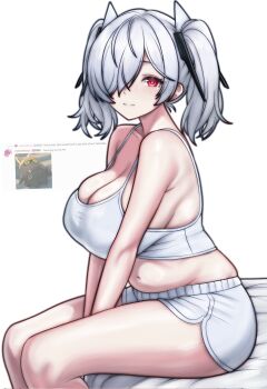 1girl alternate_costume alternate_hair_length alternate_hairstyle bed belly breasts cinderella_(nikke) crop_top dolphin goddess_of_victory:_nikke hair_over_one_eye highres large_breasts looking_at_viewer red_eyes rotomdocs simple_background sitting smile solo tank_top twintails white_background white_hair