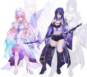 2girls absurdres acheron_(honkai:_star_rail) aqua_hair black_boots black_shorts boots bow_(weapon) breasts cleavage comiket_107 commentary_request crop_top cyrene_(honkai:_star_rail) cyrene_(ripples_of_past_reverie)_(honkai:_star_rail) diamond-shaped_pupils diamond_(shape) flower full_body hair_flower hair_ornament high_heels highres holding holding_bow_(weapon) holding_weapon honkai:_star_rail honkai_(series) large_breasts leg_tattoo long_hair looking_at_viewer miya-chan_(lightning0730) multicolored_hair multiple_girls pink_hair pointy_ears purple_eyes purple_hair short_shorts shorts sword symbol-shaped_pupils tattoo thighs very_long_hair weapon white_background white_hair zoom_layer