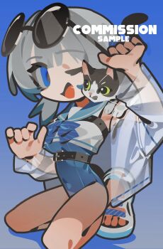 blue_background blue_eyes cat chibi chibi_only commentary english_commentary eyewear_on_head ghost_(tama) grey_hair highres kneeling open_mouth original sandals see-through_clothes simple_background swimsuit watermark