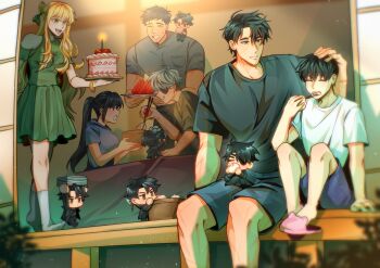 Rule 34 | 2girls, 4boys, absurdres, areuwuu, bamboo steamer, black hair, black shirt, black shorts, blonde hair, cake, chopsticks, clothing cutout, day, dress, dumpling, eyepatch, food, fruit, green dress, grin, hair over shoulder, hair ribbon, hand up, high ponytail, highres, holding, holding cake, holding chopsticks, holding food, holding plate, kim dokja, kim namwoon, lee hyunsung, lee jihye, light rays, mini person, miniboy, multiple boys, multiple girls, multiple persona, multiple scars, oldest dream, omniscient reader's viewpoint, on shoulder, outdoors, plate, ponytail, porch, ribbon, scar, scar across eye, scar on arm, scar on face, scratching head, shirt, short hair, shorts, shoulder cutout, sidelocks, sitting, slippers, smile, socks, t-shirt, toned, toned male, uriel (omniscient reader's viewpoint), walking, watermelon, watermelon slice, white hair, white socks, yoo joonghyuk, yoo joonghyuk (999th turn)