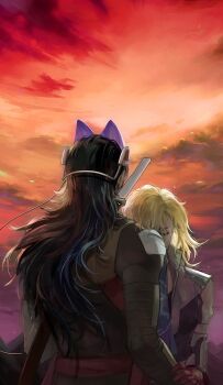 1boy 1girl aleph_(megami_tensei) armor black_hair blonde_hair blue_neckerchief closed_eyes cloud commentary_request floating_hair from_behind gloves goggles goggles_on_head hand_on_another's_arm head_on_another's_shoulder hiroko_(megami_tensei) long_hair medium_hair mole mole_under_eye neckerchief o_c_x partially_open_jacket red_gloves shin_megami_tensei shin_megami_tensei_ii sunset weapon weapon_on_back