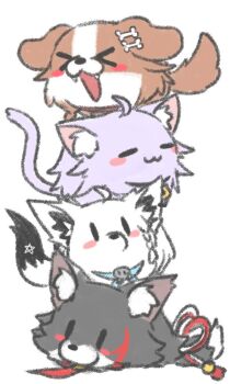 >_< 4girls :3 animal_collar animal_ear_fluff animalization ascot blue_ascot blush_stickers bone_hair_ornament brooch cat chibi chibi_only collar commentary_request dog facing_viewer fangs fox hair_ornament hololive hololive_gamers inugami_korone inugami_korone_(dog) jewelry kouhaku_nawa looking_at_viewer multiple_girls necktie nekomata_okayu nekomata_okayu_(cat) ookami_mio ookami_mio_(wolf) red_necktie rope shimenawa shirakami_fubuki shirakami_fubuki_(fox) simple_background sketch stack virtual_youtuber white_background wolf yuuji_(sdcg00)
