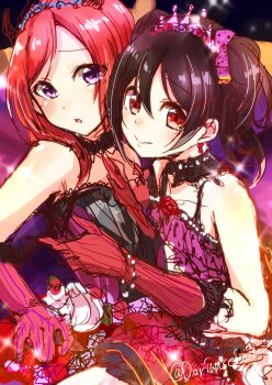Rule 34 | 2girls, absurdres, black hair, blush, bow, bracelet, choker, commentary request, crown, demon horns, demon tail, dress, elbow gloves, flustered, gloves, hair bow, hand on another's chest, highres, horns, jewelry, kotobuki haruki, looking at viewer, looking to the side, love live!, love live! school idol festival, mini crown, multiple girls, nishikino maki, pink dress, purple eyes, red eyes, red hair, short hair, short twintails, simple background, skirt, smile, tail, twintails, yazawa nico, yuri