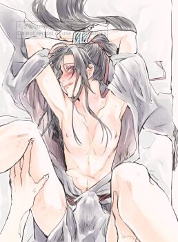 2boys ahoge anal armpits arms_up bare_legs bdsm bed bed_sheet bite_mark black_hair black_hanfu blush bondage bound bound_arms bound_wrists bulge chinese_clothes closed_mouth collarbone erection erection_under_clothes full-face_blush grey_eyes hair_ribbon hands_on_another's_thighs hanfu hickey highres implied_sex leg_grab licking_lips long_hair looking_at_viewer lying male_focus modao_zushi multiple_boys navel nipples on_back on_bed open_clothes open_robe out_of_frame partially_undressed pectorals ponytail pov pov_hands profile red_ribbon red_sash ribbon robe sash sex sidelocks smile solo_focus spread_legs sunmoon9994 sweat thigh_grab tongue tongue_out twitter_username watermark wei_wuxian wide_sleeves yaoi