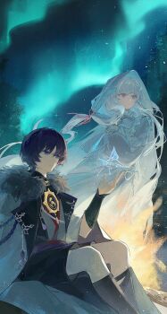 1boy 1girl armor artist_request aurora black_hair black_kimono black_shorts blunt_ends campfire clear_sky closed_mouth coat commission commissioner_insert couple cross-laced_clothes cross-laced_dress crystalfly_(genshin_impact) dress eyelashes fatui_coat frilled_dress frilled_sleeves frills fur-trimmed_coat fur_collar fur_trim genshin_impact hand_up hayami_momo_(hayamimomo) hetero highres hood hood_up japanese_armor japanese_clothes juban kimono kote kurokote lapels long_hair long_sleeves looking_at_creature looking_to_the_side mandarin_collar mitsudomoe_(shape) night night_sky oc_x_canon open_clothes open_coat open_hand open_mouth original outdoors pink_eyes purple_eyes purple_sash red_kimono red_sash sash scaramouche_(genshin_impact) second-party_source shorts sitting sky standing star_(sky) tomoe_(symbol) tree very_long_hair white_coat white_dress white_hair white_hood white_kimono white_mouth winter_clothes winter_coat