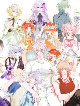 4boys 6+girls aglaea_(honkai:_star_rail) anaxa_(honkai:_star_rail) animal_ears black_pants blonde_hair blue_eyes blue_jacket blue_shirt body_markings bow castorice_(honkai:_star_rail) cat_ears chrysos_heirs_(honkai:_star_rail) cipher_(honkai:_star_rail) closed_eyes cross-shaped_pupils dress flame_reaver_of_the_deepest_dark flower green_dress green_eyes green_hair grey_dress grey_hair hair_bow hair_flower hair_ornament highres honkai:_star_rail honkai_(series) hyacine_(honkai:_star_rail) jacket little_ica_(honkai:_star_rail) long_hair medium_hair mofu_30fu multiple_boys multiple_girls mydei_(honkai:_star_rail) open_clothes open_jacket orange_eyes pants phainon_(honkai:_star_rail) pink_dress pink_hair purple_eyes purple_hair purple_pants red_dress red_hair red_tank_top shirt short_hair short_sleeves spirithief_bartholos_(honkai:_star_rail) symbol-shaped_pupils tank_top trianne_(honkai:_star_rail) tribbie_(honkai:_star_rail) trinnon_(honkai:_star_rail) twintails white_flower white_pants white_shirt yellow_shirt