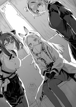 3girls absinthe_(arknights) animal_ears arknights bear_ears bear_girl breasts broken_window collared_shirt creator_connection freckles gloves gorget greyscale heavyrain_(arknights) highres indoors iwashi_80 large_breasts long_hair looking_at_viewer monochrome multiple_girls open_mouth pantyhose raccoon_ears raccoon_girl robin_(arknights) shirt shorts sitting skirt zebra_ears zebra_girl