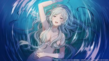 1girl :d arm_up armpits breasts collarbone commentary_request completely_nude convenient_censoring copyright_notice danmachi_memoria_freese dungeon_ni_deai_wo_motomeru_no_wa_machigatteiru_darou_ka freya_(danmachi) grey_hair hair_censor hair_over_breasts hand_on_own_stomach highres long_hair lying navel nude official_art on_back open_mouth purple_eyes ripples second-party_source sidelocks smile solo teeth upper_body upper_teeth_only wet