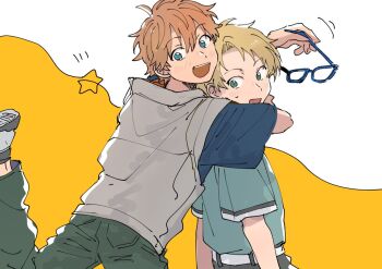 2boys akehoshi_subaru arm_up blonde_hair blue-framed_eyewear blue_eyes commentary ensemble_stars! green_eyes green_pants hair_between_eyes holding holding_removed_eyewear hug hug_from_behind leg_up looking_back male_focus mitobinyo multiple_boys official_alternate_costume open_mouth orange_hair pants short_hair short_sleeves sketch smile symbol-only_commentary teeth unworn_eyewear upper_teeth_only yuuki_makoto_(ensemble_stars!)