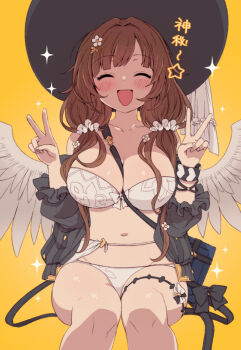 belt between_breasts bikini black_hat breasts cleavage closed_eyes commentary_request double_v ekra flower flower_hairpin granblue_fantasy hair_flower hair_ornament hair_scrunchie hat large_breasts navel raziel_(granblue_fantasy) raziel_(summer)_(granblue_fantasy) scrunchie simple_background sitting smile sparkle strap_between_breasts sun_hat swimsuit thigh_belt thigh_strap v white_bikini white_scrunchie white_wings wings