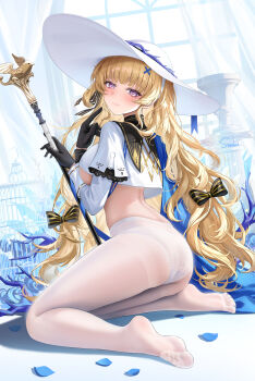 1girl absurdres alternate_breast_size_(larger) black_gloves blush breasts closed_mouth commentary_request crop_top from_side gloves hair_ornament hand_up hat highres holding holding_staff kneeling large_breasts long_hair long_sleeves looking_at_viewer no_pants no_shoes panties panties_under_pantyhose pantyhose phoebe_(wuthering_waves) purple_eyes shirt solo staff stardust_(chen&#039;ai_weiding) thighs toes underwear very_long_hair white_hat white_panties white_pantyhose white_shirt wuthering_waves x_hair_ornament