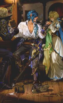 1girl 3boys 4others absurdres alternate_costume black_pants blonde_hair blue_hair boots cape coin collared_cape cup dainsleif_(genshin_impact) dress eyepatch fingerless_gloves genshin_impact gloves hair_over_shoulder highres holding holding_cup holding_hands holding_unworn_clothes indoors kaeya_(genshin_impact) lluluchwan long_hair long_sleeves looking_at_another lumine_(genshin_impact) mug multiple_boys multiple_others open_mouth pants parted_lips pectorals scabbard sheath shirt short_hair_with_long_locks smile sword table tavern toned toned_male unworn_clothes weapon white_shirt wooden_cup wooden_floor