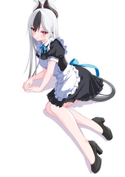 1girl absurdres alternate_costume apron black_dress black_hair black_horns black_shoes blue_archive blue_ribbon blush commentary_request demon_horns dress ear_piercing enmaided frilled_apron frills hair_between_eyes halo high_heels highres horns kayoko_(blue_archive) long_hair looking_at_viewer maid neck_ribbon parted_lips piercing reclining red_eyes ribbon shoes short_sleeves simple_background solo very_long_hair white_apron white_background white_hair wuxifeng