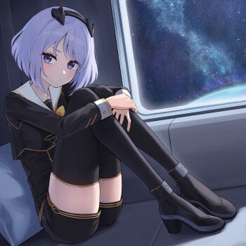 1girl absurdres aoi_riko black_hairband black_shirt black_shoes black_shorts black_thighhighs black_vest blue_eyes bow closed_mouth commentary commission contrast_collar english_commentary frown full_body gold_trim hairband high_heels highres hugging_own_legs indoors knees_to_chest knees_up legs legs_together light_blush long_sleeves looking_at_viewer lynn_ashada medium_hair mixed-language_commentary multicolored_eyes pillow pixiv_commission purple_eyes purple_hair raised_eyebrow sailor_collar shirt shoes shorts sitting skindentation sleeve_cuffs solo space star_(sky) sunrider swept_bangs thighhighs thighs turning_head two-tone_eyes vest white_sailor_collar window yellow_bow