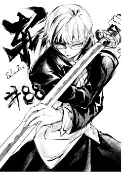 1girl character_name cropped_jacket glasses greyscale highres holding holding_sword holding_weapon jacket kagurabachi monochrome ootachi open_clothes open_jacket semi-rimless_eyewear shirakai_kiri shirt short_hair signature simple_background solo sword tomboy upper_body weapon whalebone_1022