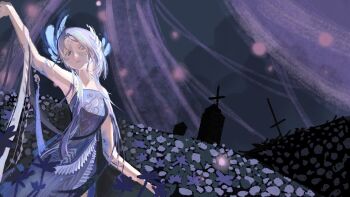 1girl arm_up bare_arms bare_shoulders blue_dress blue_eyes blue_scales born_flawless_(infinity_nikki) chinese_commentary closed_mouth commentary_request cowboy_shot dress expressionless facepaint feather_hair_ornament feathers fireflies flower frilled_dress frills frown grey_hair hair_ornament head_tilt hill infinity_nikki lips long_dress long_hair long_sidelocks night nikki_(series) outdoors purple_flower side_slit sidelocks solo strapless strapless_dress tree very_long_hair zhanglizhuanxieyang