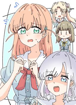 4girls :d blonde_hair blue_dress blue_eyes blue_hair braid ceras_yanagida_lilienfeld closed_mouth collarbone commentary_request curtained_hair dress flying_sweatdrops gradient_hair green_eyes grey_hair hair_ribbon hasu_no_sora_school_uniform highres kachimachi_kosuzu link!_like!_love_live! long_hair looking_at_another love_live! momiji_(moj_0404) multicolored_hair multiple_girls neckerchief nervous_sweating no_dickey open_mouth orange_hair osawa_rurino peanut_mouth pink_ribbon puffy_short_sleeves puffy_sleeves raised_inner_eyebrows red_neckerchief ribbon sailor_collar sailor_dress scared school_uniform shaded_face short_sleeves side_braids smile split_mouth summer_uniform sweat teeth twintails upper_teeth_only virtual_youtuber white_sailor_collar |_|