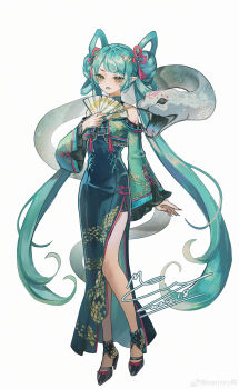 1girl absurdres aqua_hair aqua_nails bare_shoulders black_dress black_footwear bright_pupils chinese_zodiac clothing_cutout collared_jacket colored_tongue dated double_bun dress expressionless eyelashes eyeshadow fangs flower_knot folding_fan footwear_ribbon frilled_jacket frilled_sleeves frills full_body green_eyes green_jacket green_tongue grey_eyes hair_bun hair_ornament hair_ribbon hair_rings hand_fan hatsune_miku heterochromia high_heels highres holding holding_fan jacket light_frown long_dress long_hair long_sleeves makeup marking_on_cheek memory_mie multicolored_nails nail_polish number_tattoo open_clothes open_jacket open_mouth pink_nails pink_ribbon pointy_ears red_pupils ribbon shoulder_cutout shoulder_tattoo side_slit signature simple_background skin_fangs sleeve_ribbon slit_pupils snake snake_hair_ornament snake_print solo standing stiletto_heels tachi-e tassel tassel_hair_ornament tattoo twintails very_long_hair vocaloid watermark weibo_watermark white_background wide_sleeves year_of_the_snake