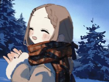 1girl alternate_costume aoba_kokona blue_sky blurry blush braid braided_bangs brown_coat brown_hair coat facing_to_the_side facing_viewer forehead fur-trimmed_sleeves fur_trim hansei_(oisiikonnyaku) highres long_sleeves open_mouth outdoors parted_bangs plaid_clothes plaid_scarf red_scarf scarf sidelighting sky sleeves_past_wrists smile snow snow_on_tree solo upper_body winter_clothes winter_coat yama_no_susume