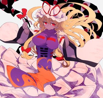 1girl blonde_hair breasts closed_mouth commentary_request dress frills from_above gap_(touhou) hair_between_eyes hair_ribbon hands_up hat highres large_breasts long_hair long_sleeves looking_at_viewer mob_cap purple_tabard red_eyes ribbon ryouryou smile solo tabard touhou white_background white_dress yakumo_yukari