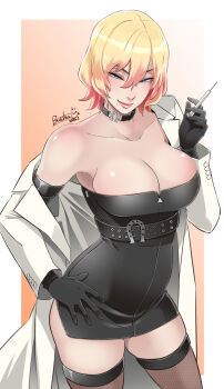 1girl bare_shoulders belt black_choker black_dress black_gloves black_pantyhose blonde_hair blue_eyes blush breasts butcha-u choker cleavage coat commentary_request dress elbow_gloves fishnet_pantyhose fishnets gloves half-closed_eyes highres ichijou_shizuka jutaijima large_breasts long_coat medium_hair mole mole_under_mouth pantyhose red_lips smile solo standing thighhighs white_coat zettai_ryouiki