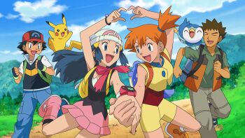 2girls :3 ^_^ absurdres anime_coloring aqua_eyes artist_name ash_ketchum backpack bag baseball_cap beanie black_gloves black_hair black_shirt black_shoes black_socks blue_bag blue_eyes blue_hair blue_pants blue_sky boots bracelet brock_(pokemon) brown_hair brown_pants character_bag clenched_hands closed_eyes cloud collared_shirt commentary_request cropped_jacket dawn_(pokemon) day denim eyelashes fingerless_gloves foreshortening four-finger_heart_hands gen_1_pokemon gen_3_pokemon gen_4_pokemon gloves grass green_bag green_shirt hair_ornament hairclip hat heart heart_hands heart_hands_duo highres holding_hands in-franchise_crossover jacket jeans jewelry long_hair looking_at_another lukas_thadeu misty_(pokemon) multiple_girls nintendo official_alternate_costume official_style open_clothes open_mouth open_vest orange_hair orange_shoes orange_vest outdoors pants parody pikachu pink_boots pink_scarf pink_skirt piplup pokemon pokemon_(anime) pokemon_(creature) pokemon_dppt_(anime) pokemon_rse_(anime) poketch red_hat red_shirt scarf shirt shoes short_hair short_sleeves shorts side_ponytail sidelocks skirt sky sleeveless sleeveless_jacket sleeveless_shirt smile socks spheal spiked_hair standing standing_on_one_leg style_parody third-party_source tree vest watch white_hat white_shirt wristwatch yellow_bag yellow_jacket yellow_shorts