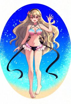 1girl bare_shoulders bikini black_bikini black_hairband blush breasts clam_shell commission female_corrin_(cipher_shell_bikini)_(fire_emblem) female_corrin_(fire_emblem) fire_emblem fire_emblem_cipher fire_emblem_fates grey_hair hair_between_eyes hair_ornament hairband highres long_hair looking_at_viewer medium_breasts navel nintendo nonoworks official_alternate_costume open_mouth pointy_ears red_eyes seashell shell shell_bikini smile solo starfish starfish_hair_ornament swimsuit very_long_hair waving