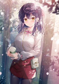 Rule 34 | 1girl, bag, between breasts, black hair, black pantyhose, blush, breasts, brown eyes, closed mouth, commentary request, cup, disposable coffee cup, disposable cup, hair between eyes, hair ornament, hairclip, highres, holding, holding cup, long hair, looking at viewer, medium breasts, nanami yuuno, pantyhose, red skirt, shirt, shoulder bag, skirt, solo, sousouman, strap between breasts, twinbox school, white shirt, x hair ornament