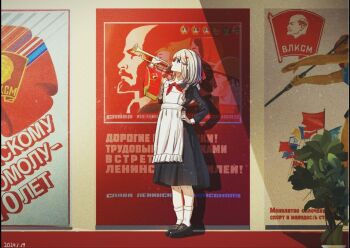 1girl communism hair_ornament hand_on_own_hip helmet instrument original poster_(object) red_flag red_scarf russian_text scarf school_uniform shoes short_hair socks solo soviet soviet_school_uniform translated tree trumpet user_jyux3852 vladimir_lenin white_hair white_socks
