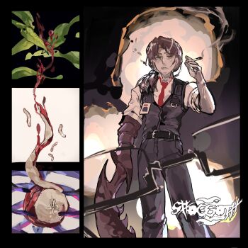 Rule 34 | 1boy, apple, arthropod limbs, artist name, beard stubble, belt, black belt, black pants, black vest, blood, brown hair, cigarette, closed eyes, closed mouth, collared shirt, facial hair, food, fruit, glasses, gregor (project moon), hand up, highres, holding, holding cigarette, leaf, limbus company, looking at viewer, low ponytail, maggot, male focus, necktie, pants, ponytail, project moon, rectangular eyewear, shirt, shoggoth (sirens20211), smoke, smoking, standing, stubble, symbolism, unworn eyewear, vest, watermark, white shirt