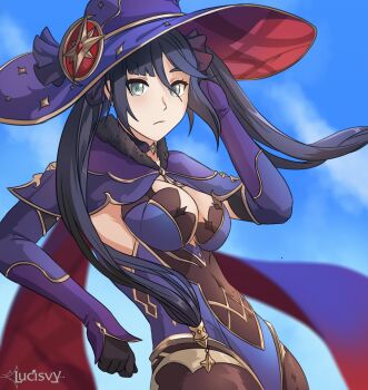 Rule 34 | 1girl, artist name, black gloves, blue sky, breasts, closed mouth, commentary, covered navel, english commentary, genshin impact, gloves, grey eyes, hat, highres, long hair, lucisvy, mona (genshin impact), purple hat, sky, solo, twintails, witch hat
