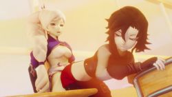 1futa 1girl 3d amateurthrowaway animated ass bent_over black_hair blue_eyes bouncing_breasts braid braided_ponytail breasts buttjob classroom desk fingerless_gloves futa_with_female futanari gloves gradient_hair grey_eyes highres long_hair medium_breasts multicolored_hair penis red_hair ruby_rose rwby shorts sound testicles uncensored video weiss_schnee white_hair