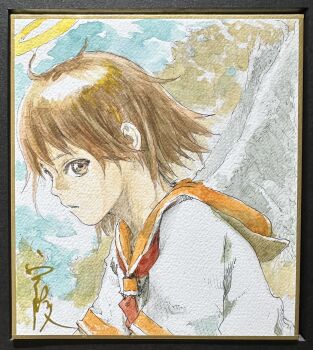 Rule 34 | 1girl, abe yoshitoshi, angel, angel wings, brown hair, commentary request, dress, haibane renmei, halo, highres, looking at viewer, painting (medium), rakka (haibane renmei), sailor dress, shikishi, short hair, sky, solo, traditional media, upper body, watercolor (medium), wings