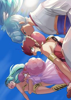 4girls animal_print armlet armor benten_(urusei_yatsura) bikini bikini_armor blue_eyes blue_hair blue_sash blue_sky chain closed_mouth commentary_request cone_horns dress driving earrings floating green_eyes green_hair half-closed_eyes horns hover_bike hug japanese_clothes jewelry kimono kneehighs long_dress long_hair looking_at_another looking_back lum miz_mus multiple_girls obi oni open_mouth orange_eyes oyuki_(urusei_yatsura) pink_dress pink_hair pointy_ears ponytail print_bikini print_socks ran_(urusei_yatsura) red_hair sash short_hair shoulder_armor sky socks sun swimsuit tears tiger_print urusei_yatsura white_kimono