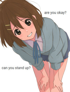 1girl andreypavlow blue_ribbon blue_skirt brown_eyes brown_hair collared_shirt commentary double-parted_bangs english_commentary english_text feet_out_of_frame hair_between_eyes highres hirasawa_yui k-on! leaning_forward long_sleeves looking_at_viewer medium_hair miniskirt neck_ribbon open_mouth pleated_skirt ribbon shirt sidelocks skirt smile solo teeth white_shirt