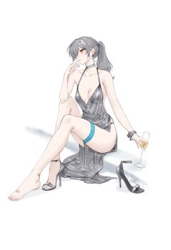 1girl alternate_costume alternate_hairstyle bare_shoulders breasts cleavage collarbone commentary cup dress drinking_glass english_commentary feint721 full_body grey_hair high_heels highres holding holding_cup honkai:_star_rail honkai_(series) long_hair medium_breasts ponytail silver_dress simple_background single_bare_foot sitting solo stelle_(honkai:_star_rail) thigh_strap toes trailblazer_(honkai:_star_rail) white_background