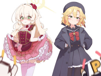 2boys 2girls absurdres beret black_hat black_pantyhose blonde_hair blue_archive closed_mouth clothes_lift commentary cosplay costume_switch crossover doodle_sensei_(blue_archive) dro_(eveveb_414) glowstick green_eyes halo hands_in_pockets hat highres holding holding_glowstick idolmaster idolmaster_cinderella_girls long_hair multiple_boys multiple_girls p-head_producer pantyhose penlight_(glowstick) producer_(idolmaster) professor_niyaniya_(blue_archive) professor_niyaniya_(blue_archive)_(cosplay) sakurai_momoka sensei_(blue_archive) shaded_face shirt short_hair simple_background skirt skirt_lift smile strapless strapless_shirt thighhighs white_background white_thighhighs yellow_halo