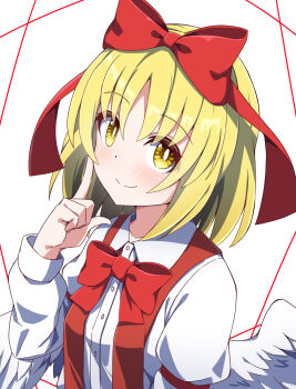 1girl angel_wings blonde_hair blush bow bowtie closed_mouth collared_shirt commentary feathered_wings gengetsu_(touhou) hair_bow hiro_(pqtks113) long_sleeves looking_at_viewer open_clothes open_vest red_bow red_bowtie red_vest shirt smile touhou touhou_(pc-98) vest white_shirt white_wings wings yellow_eyes
