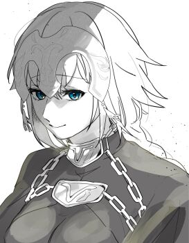1girl blue_eyes breasts cape chain closed_mouth datenshi_no_fu fate/apocrypha fate_(series) greyscale headpiece highres jeanne_d&#039;arc_(fate) jeanne_d&#039;arc_(ruler)_(fate) long_hair looking_at_viewer medium_breasts monochrome simple_background smile solo spot_color upper_body