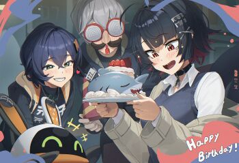 1boy 2girls bangboo_(zenless_zone_zero) belle_(zenless_zone_zero) birthday_cake black_choker black_hair blue_hair blue_sweater_vest blush cake choker commentary ellen_joe english_commentary eous_(zenless_zone_zero) eye_mask fins fish_tail food green_eyes grey_hair grey_jacket happy_birthday highres holding holding_plate jacket mask multiple_girls plate red_eyes roro_(tpghksdlzpq) shark_girl shark_tail shirt sparkle sweater_vest tail white_shirt wise_(zenless_zone_zero) zenless_zone_zero